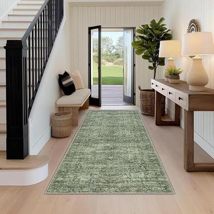 Fmfunctex 2x6 Runner Rug Green Vintage Neutral Washable Distressed Oriental Non Slip Low Pile Indoor Carpet Retro Hallway Entryway Rug for Kitchen Living Room Bedroom Bathroom Laundry Entrance Bedside