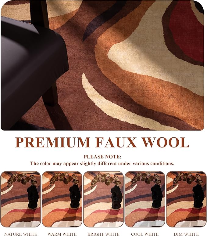 YIHOUSE Burnt Orange Rug 3x5 Washable,Farmhouse Brown Retro Carpets,Geometric Abstract Wavy Rug for Bedroom,Unique Colorful Rugs for Living Room,Dining Room,Bedside Rugs