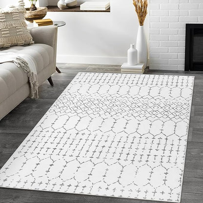 Lahome Moroccan Washable Living Room Rug - 3x5 Area Rugs for Bedroom Throw Non-Slip Low-Pile Entryway Rug Bathroom Rugs Soft White Distressed Indoor Capet for Office Kitchen Laundry Room Dining Room