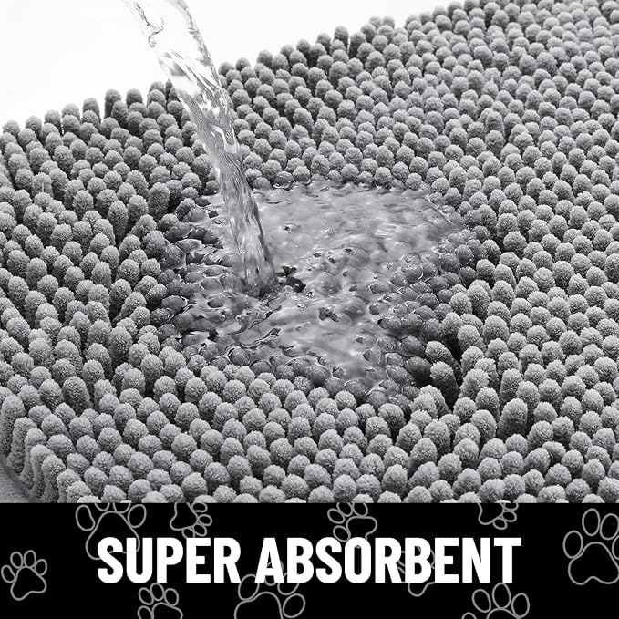 Smiry Dog Door Mat for Muddy Paws, Absorbent Dirt Trapper Non Slip Quick Dry Washable Chenille Mat for Mud Dogs, Entry Rug for Indoor and Outdoor (54x32 Inches, Grey and Black)