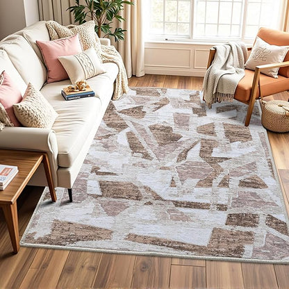 8X10 Area Rugs for Living Room Bedroom,Modern Abstract Large Carpet Washable Rugs 8x10 for Dining Room Office,Non Slip Brown Print Faux Wool Thin 8 by 10 Indoor Nursery Kids Home Pet & Child Friendly
