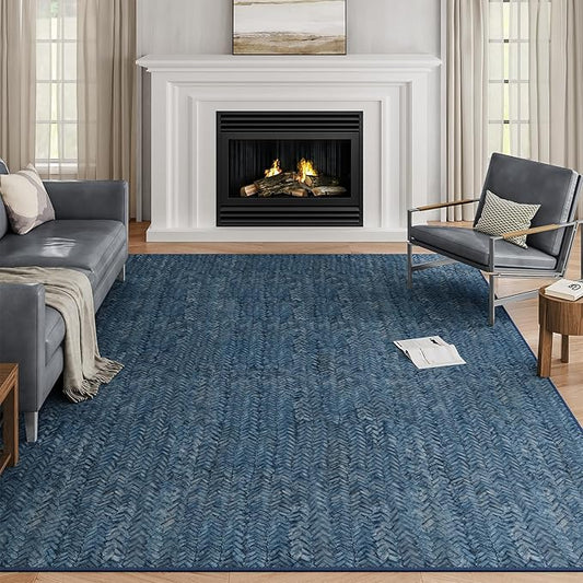 Eleisa Modern Vintage 6x9 Herringbone Chevron Area Rug for Living Room, Blue, Non-Slip Stain Resistant Washable Rug, Farmhouse Home Decor Carpet for Bedroom, Kitchen, Dining Room