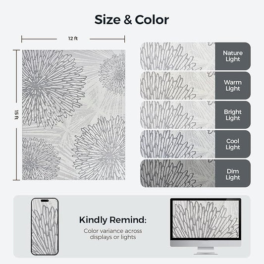 WITSHOCK 12x15 Washable Rug for Living Room,Modern Floral Distress Print Pattern Area Rugs,Stain Resistant with Non Slip Backing Carpet for Dining Room,Bedroom & Home Decor,Grey White