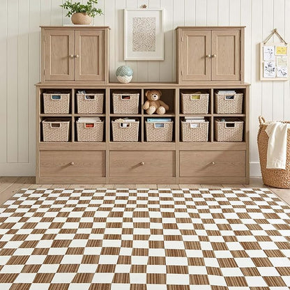jinchan 5x7 Brown Checkered Area Rugs for Kids Room - Machine Washable Rug Modern Neutral Geometric Lattice Soft Non-Slip Carpet for Nursery Playroom Classroom Living Room Bedroom Home Office