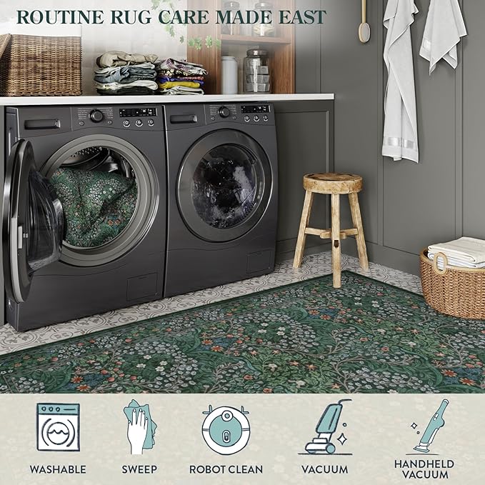 Lahome Floral Washable Round Area Rug, Soft Round Rugs 6ft Ultra-Thin Non-Slip, Boho Stain Resistant Large Circle Carpet for Bedroom Living Room Kitchen Nursery, Dark Green