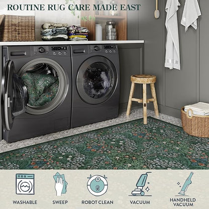 Lahome Floral Washable Rugs 5x7, Soft Green Rugs for Bedroom Living Room, Boho Non Slip Low Pile Forest Stain Resistance Large Throw Carpet for Farmhouse Dining Room Office, Dark Green