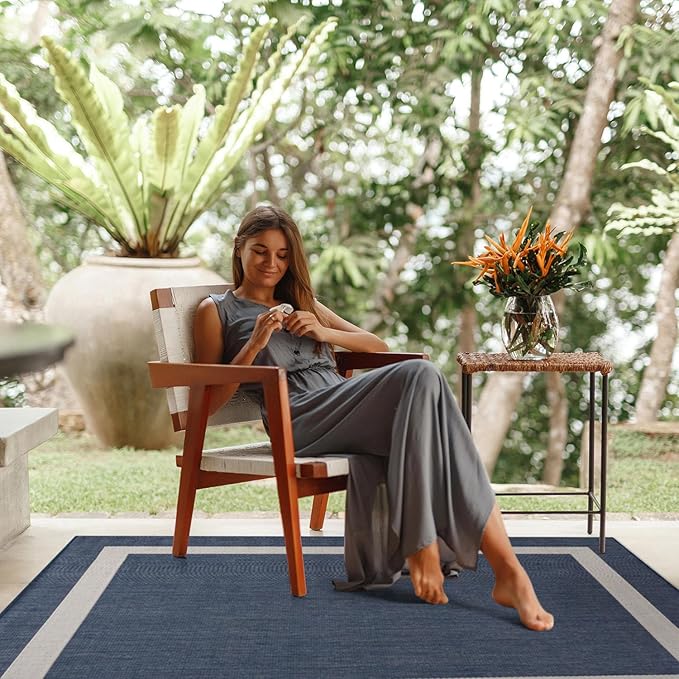 CAMILSON Outdoor Rug 5x7, Modern Outside Rugs for Patios Porches Waterproof Durable Washable Non-Shedding, Easy-to-Clean Indoor Outdoor Area Carpet (5 x 7, Bordered - Blue/White)