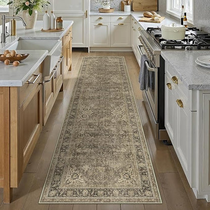 3x8 Washable Brown Runner Rug Vintage Hallway Kitchen Carpet Non-Slip Soft Low Pile Distressed Throw Rug for Bedroom Bathroom Laundry Living Room