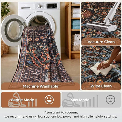 Kokia Boho Vintage Floral Area Rugs, Washable Oriental Botanical Rugs for Living Room, Bedroom, Dining Room, Office, Soft Indoor Area Rug, Wild Black，6x9