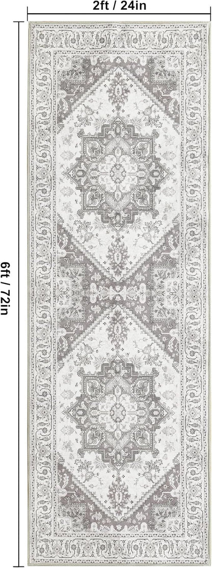 XWZO Runner Rug 2x6ft, Washable Hallway Runner with Non-Slip Backing, Vintage Spill Stain Resistant Floor Mat for Entryway Corridor Bedroom Kitchen, Soft Low-Pile Area Carpet, Grey