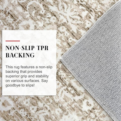 Vintage 4x6 Living Room Washable Rug, Beige Tan White Non-Slip Soft Bedroom Area Rug Thin Printed Faux Wool Floor Super Soft Carpet Throw Rugs for Nursery Playroom Dining Room Indoor Office