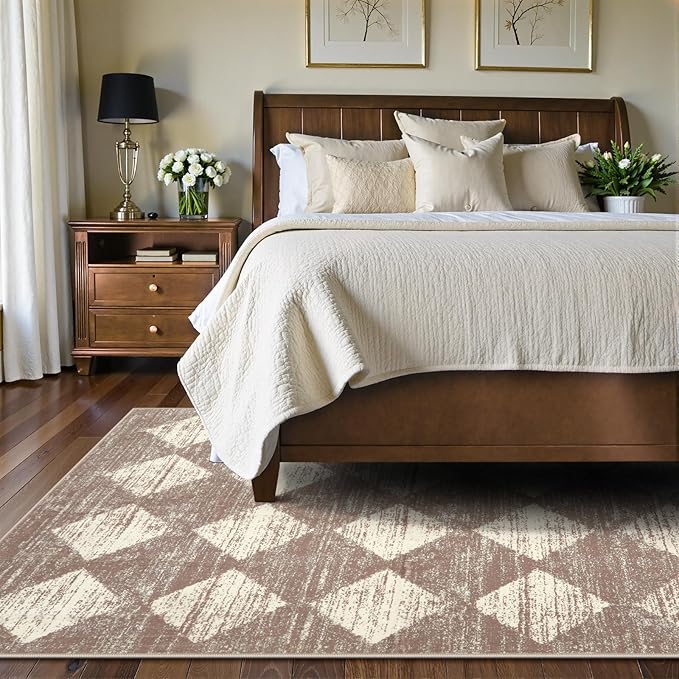 Lahome Machine Washable Rugs 6x9, Soft Beige Rugs for Bedroom Aesthetic Non Slip Living Room Rug Dining Room Carpet for Under Table, Moroccan Trellis Printed Indoor Carpet for Dorm Apartment Playroom