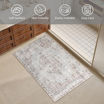 Easy-Going Boho Area Rug 2x3 Washable Entryway Rugs Front Door Mat Indoor Entrance Non-Slip Vintage Distressed Small Entry Rug for Living Room Kitchen Bathroom Office Lightweight Carpet, Grey Brick