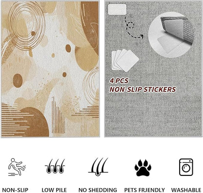 Minimalist Abstract Area Rug 6x8 Beige Boho, Modern Washable Geometric Art Carpet, Soft Non-Slip Low-Pile Carpet for Living Room, Bedroom, Kitchen, Dining Room, Pet Friendly, Non-Shedding, Brown