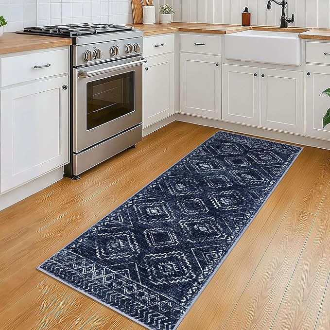 KILOCOCO Boho Kitchen Runner Rug 2x5 Washable Runner Rug, Soft Runners for Hallways Non Slip Printed Distressed Laundry Room Rugs, Low-Pile Rugs for Entryway/Bedroom/Living Room, Dark Blue