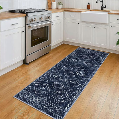 KILOCOCO Boho Kitchen Runner Rug 2x5 Washable Runner Rug, Soft Runners for Hallways Non Slip Printed Distressed Laundry Room Rugs, Low-Pile Rugs for Entryway/Bedroom/Living Room, Dark Blue