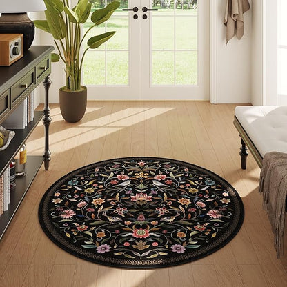 Vintage Medallion Floral Round Rug 4ft, Washable Circle Area Rug, Non-Slip Soft Low Pile Circular Carpet for Bedroom, Living Room, Dining Room, Entryway, Office, Kids, Bathroom | Black