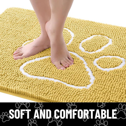 Smiry Dog Door Mat for Muddy Paws, Absorbent Dirt Trapper Non Slip Quick Dry Washable Chenille Mat for Mud Dogs, Entry Rug for Indoor and Outdoor (48x30 Inches, Yellow and White)