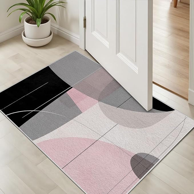 Abstract Art Line Living Room Area Rugs 3x5, Modern Boho Geometric Print Rug, Minimalist Washable Non Slip Neutral Soft Carpet for Bedroom, Dining Room Office Playroom, Black Gray