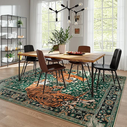Moynesa Tiger Washable Rugs, 8x10 Area Rugs for Living Room, Soft Large Vintage 8x10 Bedroom Green Rug, Botanical Non Slip Ultra Thin Floor Carpet for Dining Room Home Office