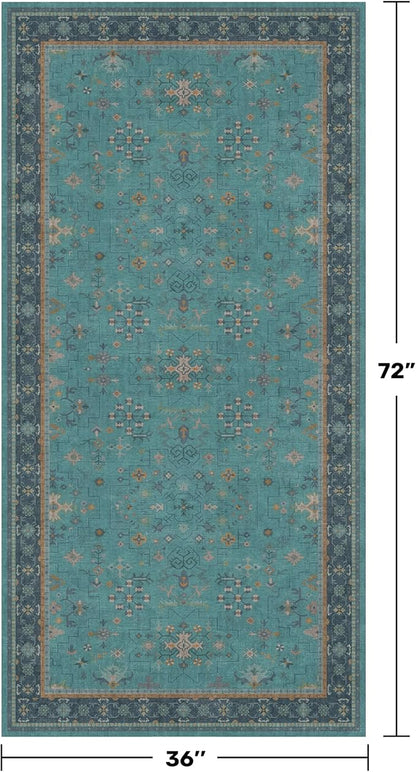 Teal 3x6 Wide Non Slip Kitchen Rug - Washable Front Door Runner Indoor Entrance, Vintage Floral Pattern Indoor Decor, Non Slip Soft Low Pile Fade Resistant