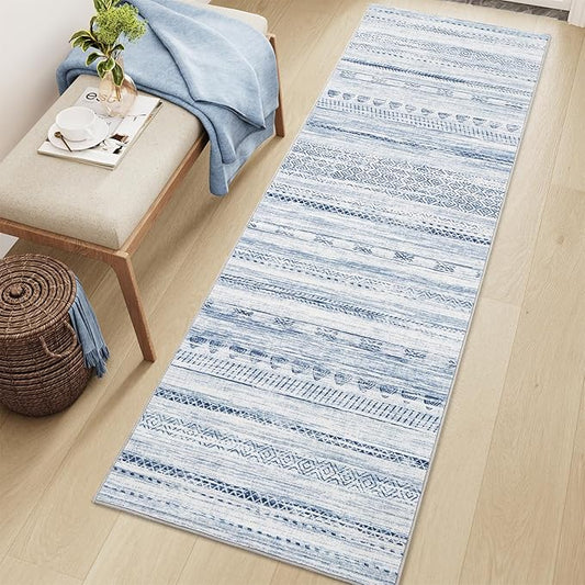 2x6 Runner Rug Machine Washable Non Slip Area Rug Distressed Neutral Moroccan Boho Rug Ultra Soft Floor Runners for Hallways for Entryway Laundry Room Kitchen, Blue