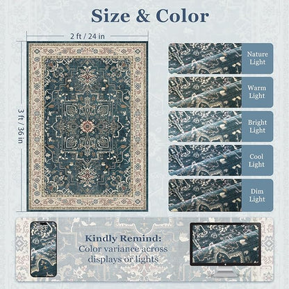 Vintage Distressed 2x3 Kitchen Rugs Washable Non Slip, Medallion Door Mat Indoor Entrance Entryway, Small Low Pile Rugs for Bedroom/Bathroom Vanity/Laundry Room, Deep Blue/Multi