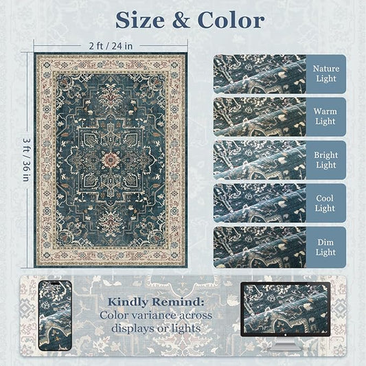 Vintage Distressed 2x3 Kitchen Rugs Washable Non Slip, Medallion Door Mat Indoor Entrance Entryway, Small Low Pile Rugs for Bedroom/Bathroom Vanity/Laundry Room, Deep Blue/Multi