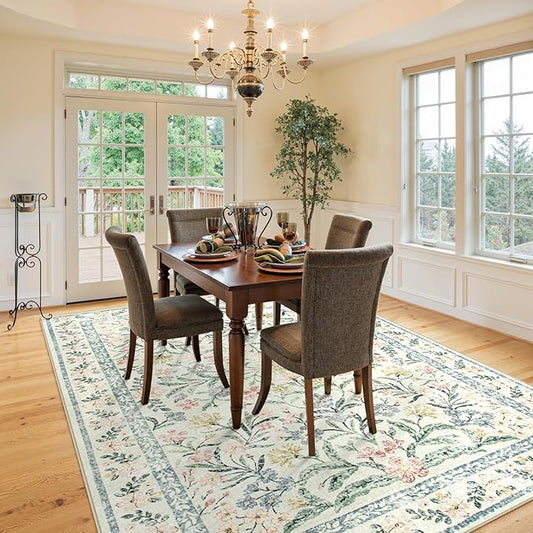 Morebes Washable Area Rugs 9x12 Living Room, Boho Large Cream Rugs for Farmhouse Non Slip, Soft Ultra-Thin Distressed Floral Carpet for Bedroom Nursery Girls Home Office Decor