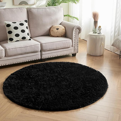 Andency Black Round Area Rug 5x5 for Bedroom, Fluffy Shag Circle Rug for Room, Faux Fur Carpet for Home Decor, Fuzzy Plush Circular Rug for Living Room, Playroom