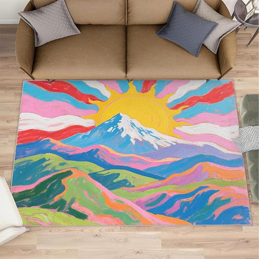 Boho Sun Area Rugs 3x4ft, Watercolor Mountain Kids Bedroom Rug, Abstraction Deco Bedside Rug Durable Non Slip for Cafe Living Room Under Table Boys Room Decor