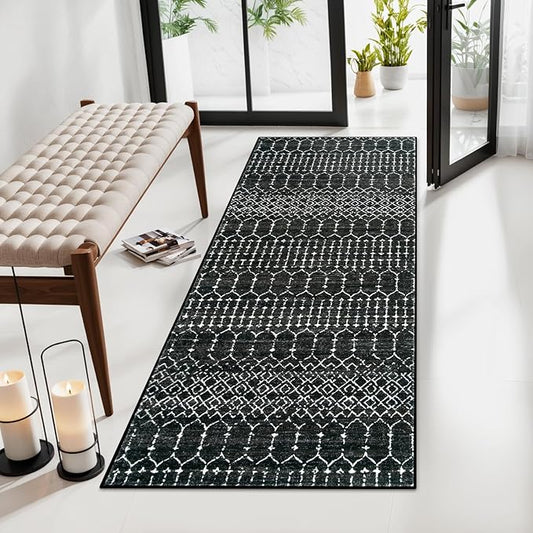 Lahome Moroccan Black Area Rug Non-Slip Low-Pile Washable Entryway Rug Kitchen Bath Mat 2'x4' Geometric Print Carpet for Hallway Bedroom