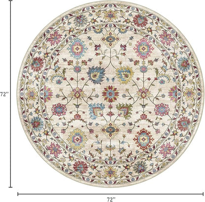 Washable Round Area Rug 6ft - Cream Colorful Traditional Floral Living Room Circle Rug Non-Slip Farmhouse Dining Room Carpet Soft Vintage Bohemian Round Rugs for Bedroom Office Nursery