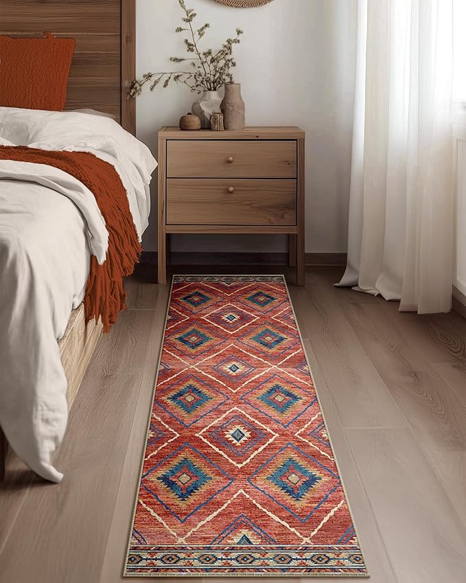 Area Rug 2x6 Rug Machine Washable Non-Slip Low Pile Print Pattern Western Rug for Living Room Bedroom Entryway Tribal Series -Red/Orange