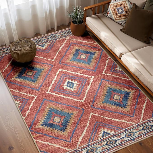 Area Rug 5x7 Rug Machine Washable Non-Slip Low Pile Print Pattern Western Rug for Living Room Bedroom Entryway Tribal Series -Red/Orange