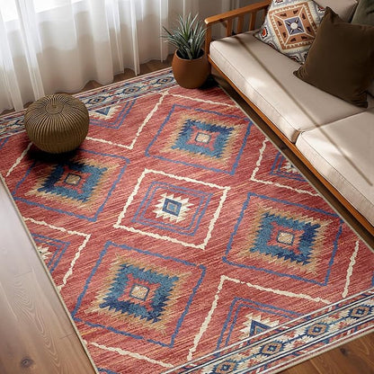 Area Rug 5x8 Rug Machine Washable Non-Slip Low Pile Print Pattern Western Rug for Living Room Bedroom Entryway Tribal Series-Red/Orange