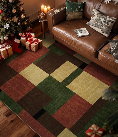 YIHOUSE Red and Green Rug 3x5, Burgundy Farmhouse Vintage Rugs Washable for Living Room,Burnt Orange Area Rug Non Slip,Geometric Boho Area Rug for Kitchen,Dining Room,Bedroom