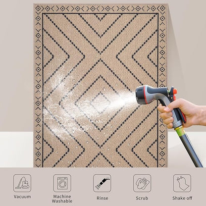 Tangsoo Modern Easy Jute 4x6 Outdoor Rug for Living Room,Ultra Thin Washable Area Rug,Geometric Indoor Carpet Farmhouse Non-Slip Throw Mat for Bedroom Dining Room Patio Front Porch