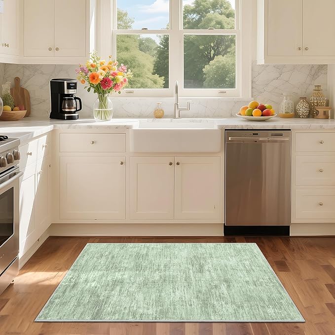 RUGSREAL Small Area Rug 2x3 Entryway Mat with Rubber Backing Stain Resistant Throw Carpet Modern Solid Color Bath Mat Contempowary Washable Rug for Living Room Bedroom Dining Room Kitchen, Green 2x3