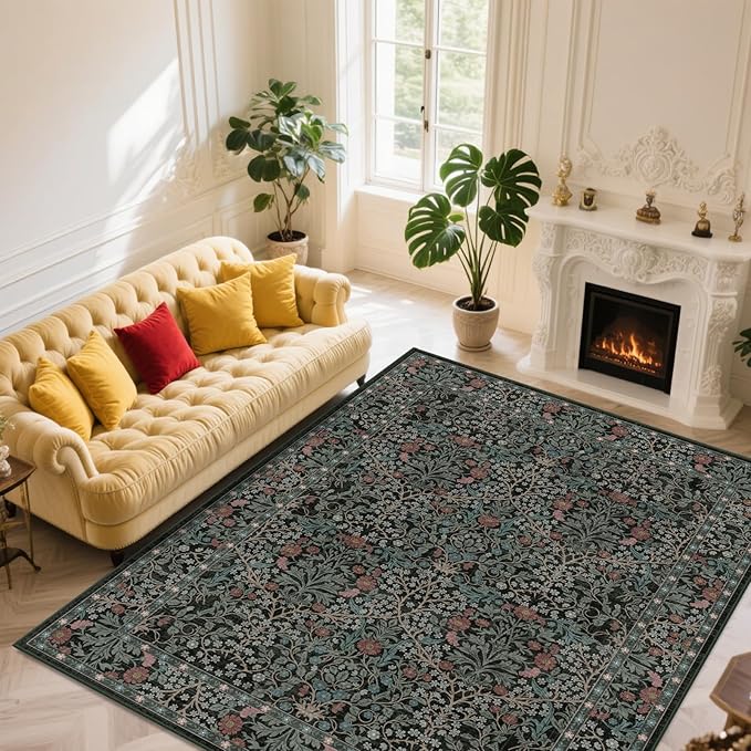 9x12 Washable Area Rugs for Living Room, Stain Resistant Vintage Rugs for Dining Room Under Kitchen Table, Bedroom, Floral Low Pile Non-Slip Large Carpet (9 x 12 Dark Green)