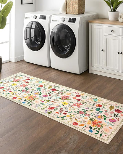 Boho Floral Runner Rug 2x6, Washable Non-Slip Kitchen Rug, Ultra Soft Vintage Carpet for Hallways, Kitchen, Bedroom, Bathroom (Beige)