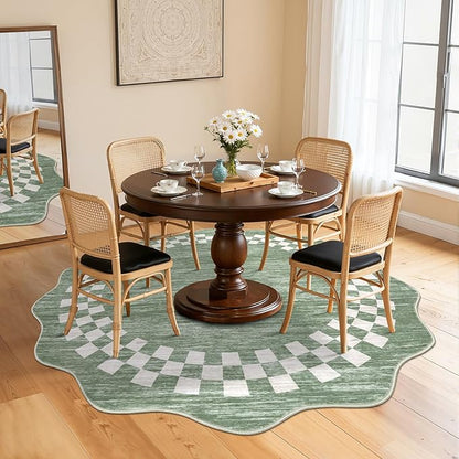 GarveeHome Scalloped Round Rug 4ft Modern Solid Color Circle Rugs Non Slip Low Pile Living Room Throw Carpat Washable Bedroom Scalloped Round Area Rug Stain Resistant Bordered Rug for Kitchen, Green