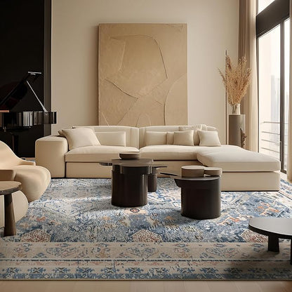 Phantoscope Washable Area Rug 8'x10' Non-Slip, Vintage Neutral Rugs for Living Room, Bedroom, Dining Room, Distressed Boho Geometric Medallion Pattern, Low-Pile Foldable Floor Carpet, Dusty Blue/Multi