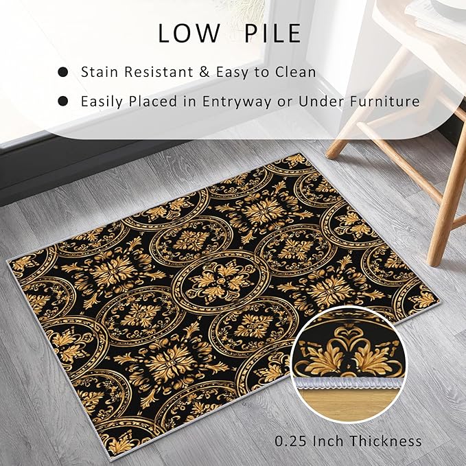 Black Gold Baroque Rug, Washable 5x7 Rug for Living Room, Floral Geometric Patterned Indoor Carpet, Black Gold Baroque Decor for Home, Bedroom, Soft Non Slip Thin Design FER68