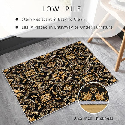 Black Gold Baroque Rug, Washable 3x5 Rug for Living Room, Floral Geometric Patterned Indoor Carpet, Black Gold Baroque Decor for Home, Bedroom, Soft Non Slip Thin Design FER64
