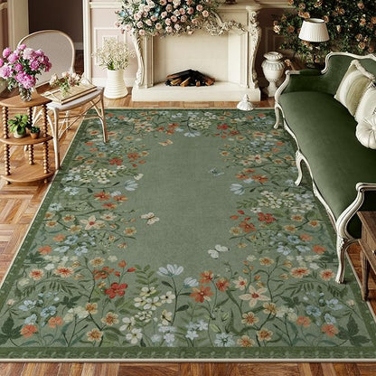 Wonnitar Washable Area Rug 6x9, Green Floral Living Room Rugs, Non-Slip Soft Dining Room Table Rug, Botanical Bedroom Rug Floor Carpet for Mud Room Basement (Green,6'x9')