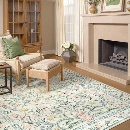 Lahome Boho Washable Girls Bedroom 9x12 Rugs, Beige Cream Floral Large Area Rugs for Bedroom, Soft Non-Slip Thin Carpet for Nursery Kids Playroom Dining Room Home, Beige