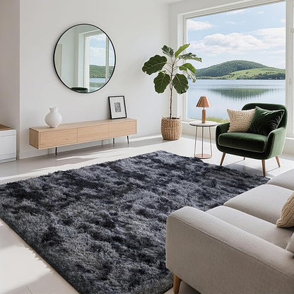 5x7 Area Rugs for Living Room Bedroom, Soft Fluffy Shaggy Bedside Rug, Indoor Floor Carpet for Kids Playroom, Dorms, Nursery Rooms, Home Decor (Tie-Dyed Dark Grey 5'x7')
