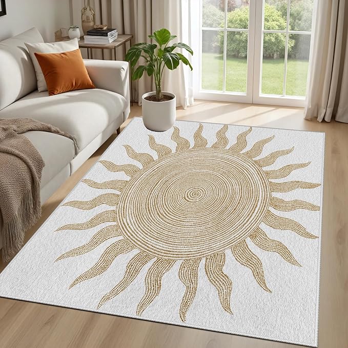 Boho Washable Rugs for Bedroom 3x5, Modern Sun Print Soft Minimalism Area Rug, Non Slip Low Pile Abstract Carpet for Classroom Living Room Decor Dining Room Sofa Kids Nursery Room, Beige Yellow