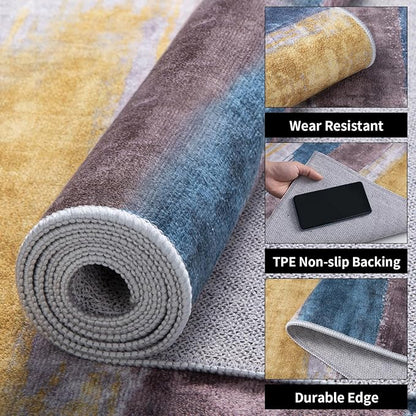 Ciicool Modern Abstract Rug for Living Room, 10'x14' Machine Washable Area Rug Non-Slip Rug, Low-Pile Contemporary Indoor Dining Floor Carpet for Bedroom Office Under Table Home Decor Yellow Grey